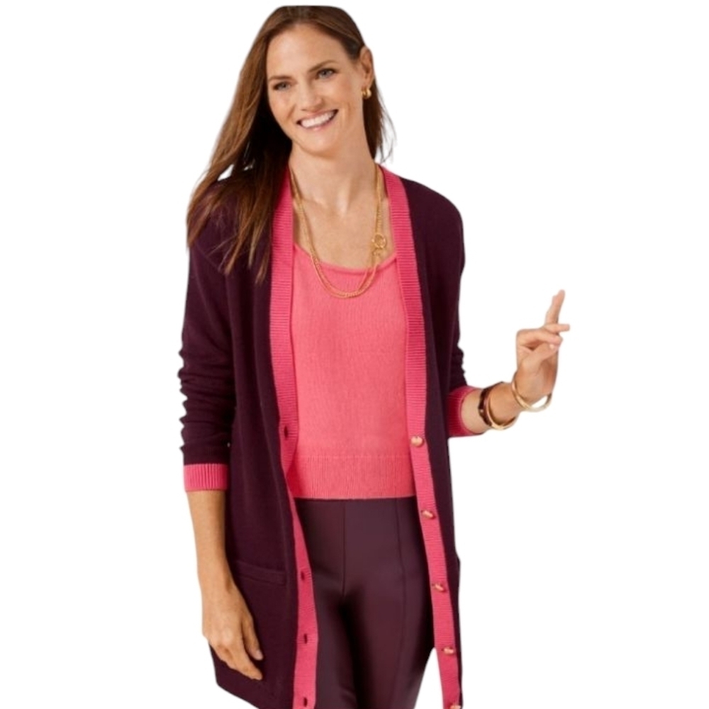 Talbots Burgundy Pink Knit Button Front Long Line Cardigan Cotton Blend Size 1X